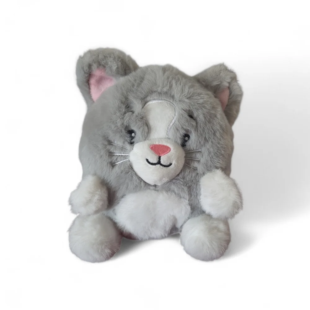 Grey & White Plush Cat Stuffed Animal with Pink Nose Bag